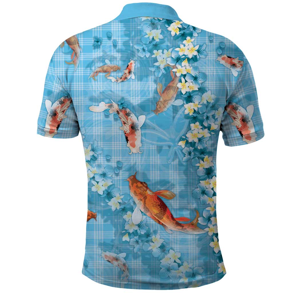 Blue Palaka Hawaiian And Japanese Polo Shirt Sakura Lei With Koi Fish - Polynesian Pride
