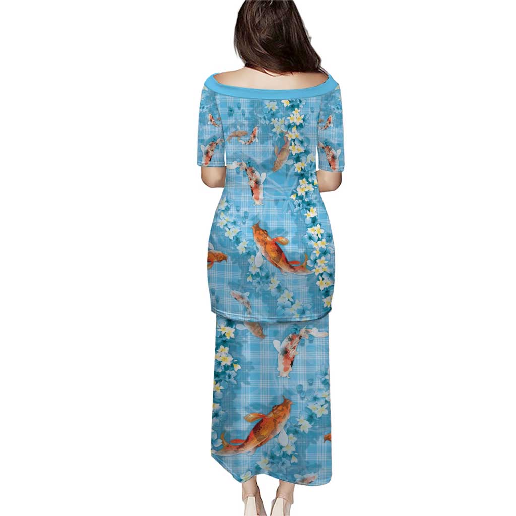 Blue Palaka Hawaiian And Japanese Puletasi Sakura Lei With Koi Fish - Polynesian Pride