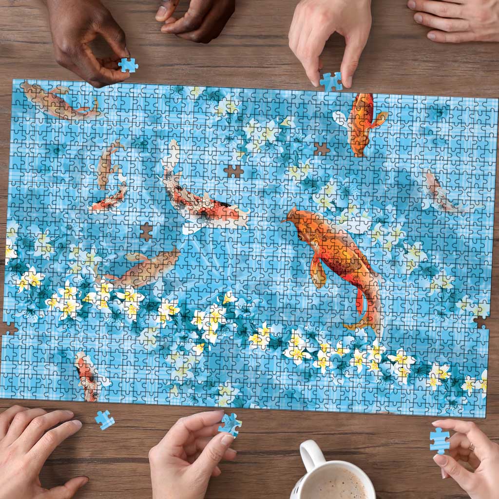 Blue Palaka Hawaiian And Japanese Puzzle Sakura Lei With Koi Fish - Polynesian Pride