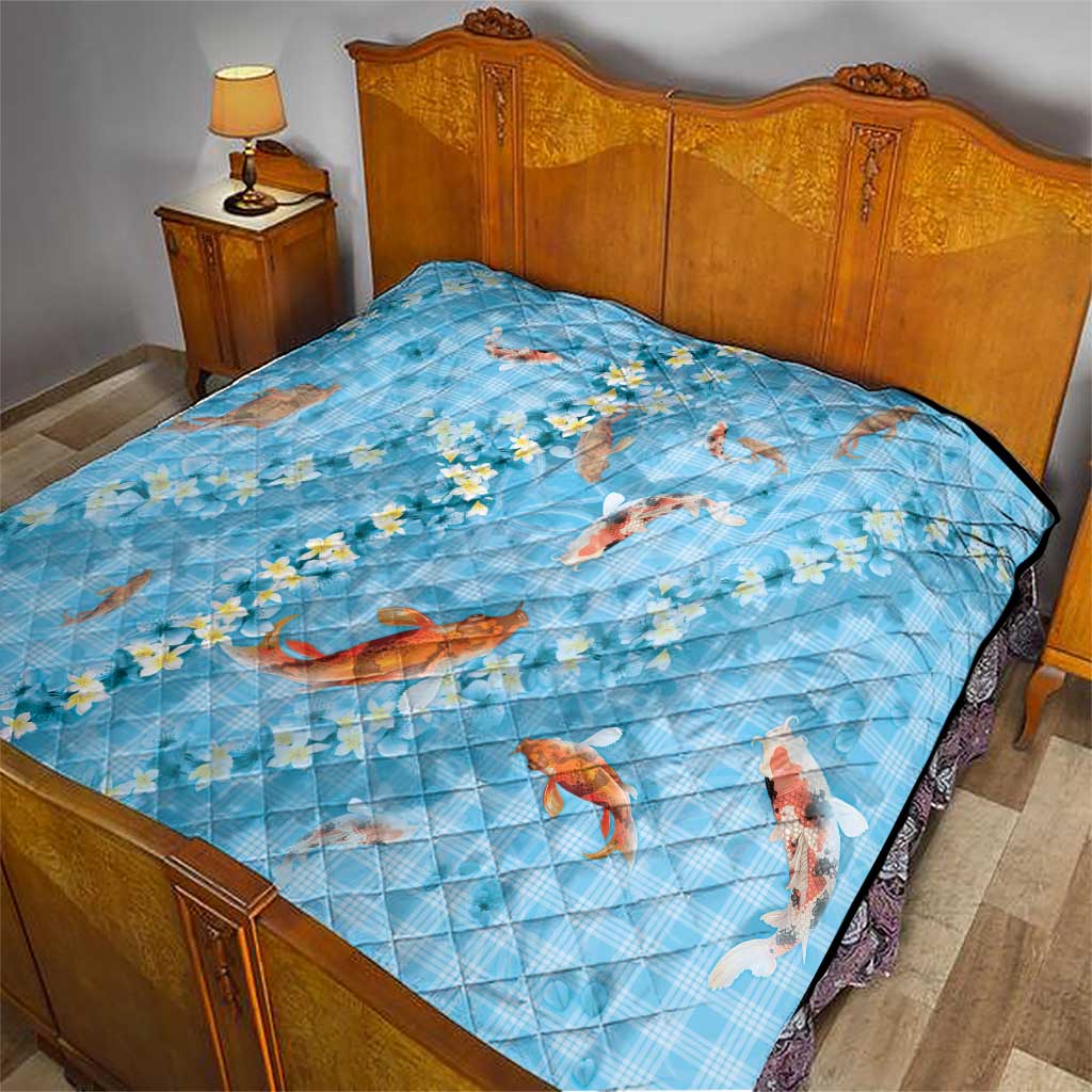 Blue Palaka Hawaiian And Japanese Quilt Sakura Lei With Koi Fish - Polynesian Pride