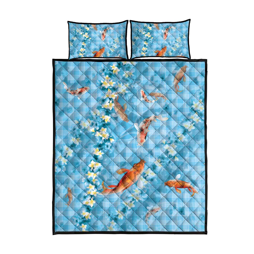Blue Palaka Hawaiian And Japanese Quilt Bed Set Sakura Lei With Koi Fish - Polynesian Pride
