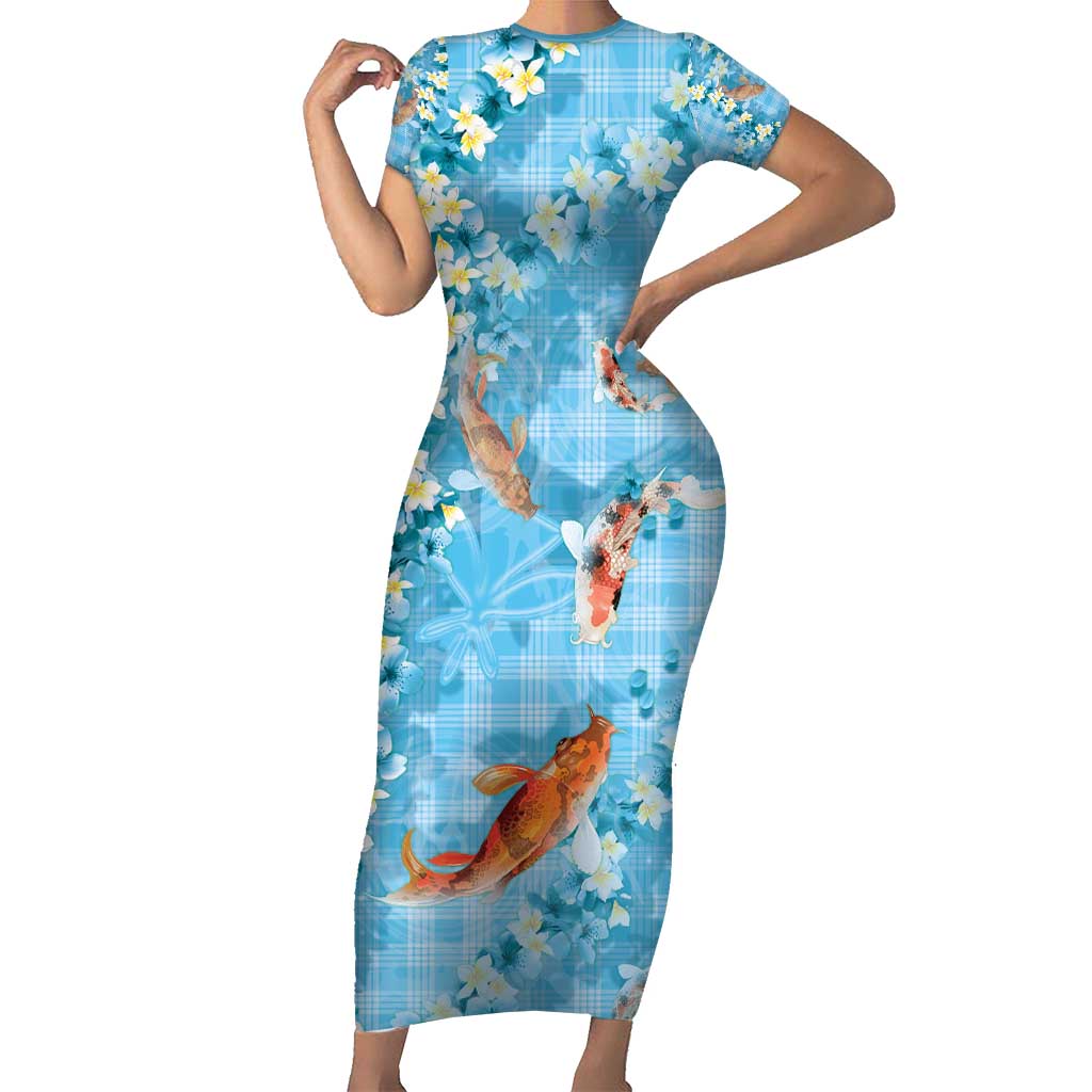 Blue Palaka Hawaiian And Japanese Short Sleeve Bodycon Dress Sakura Lei With Koi Fish - Polynesian Pride
