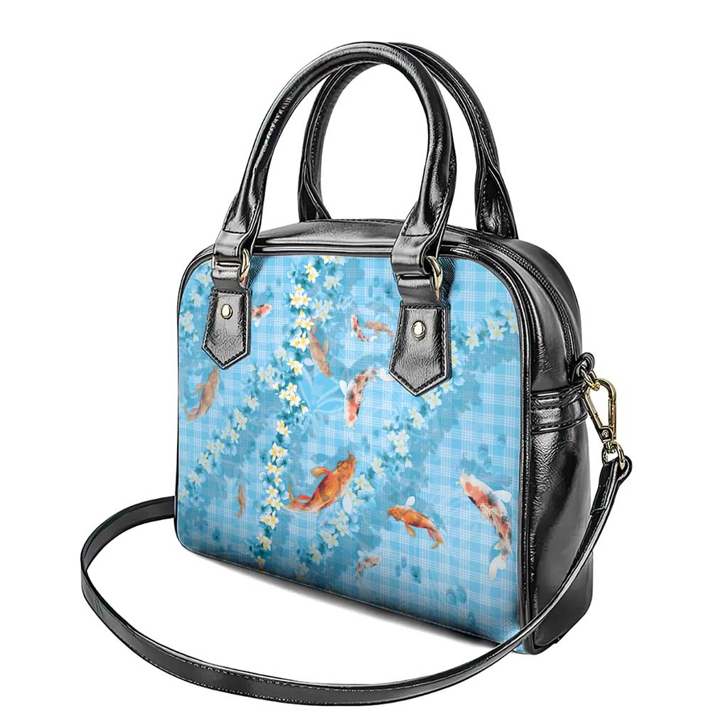 Blue Palaka Hawaiian And Japanese Shoulder Handbag Sakura Lei With Koi Fish - Polynesian Pride