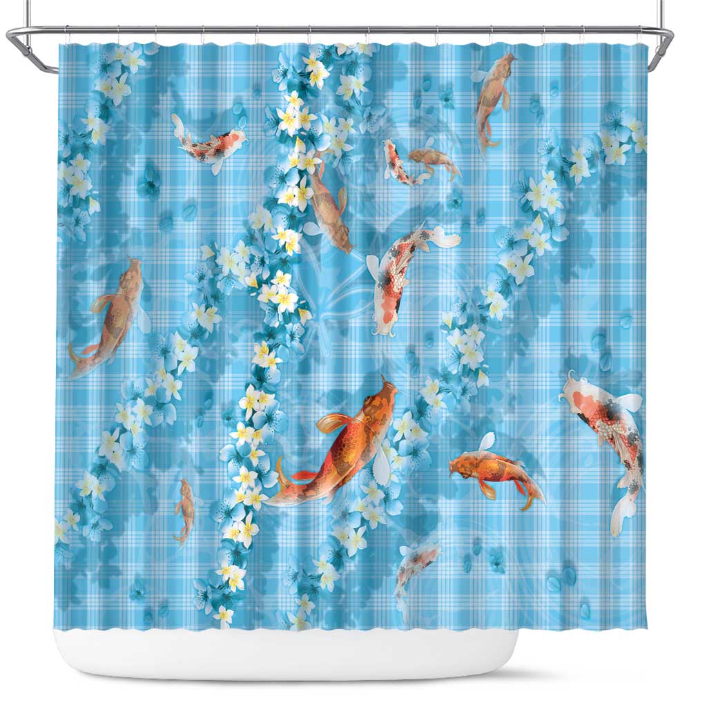 Blue Palaka Hawaiian And Japanese Shower Curtain Sakura Lei With Koi Fish - Polynesian Pride