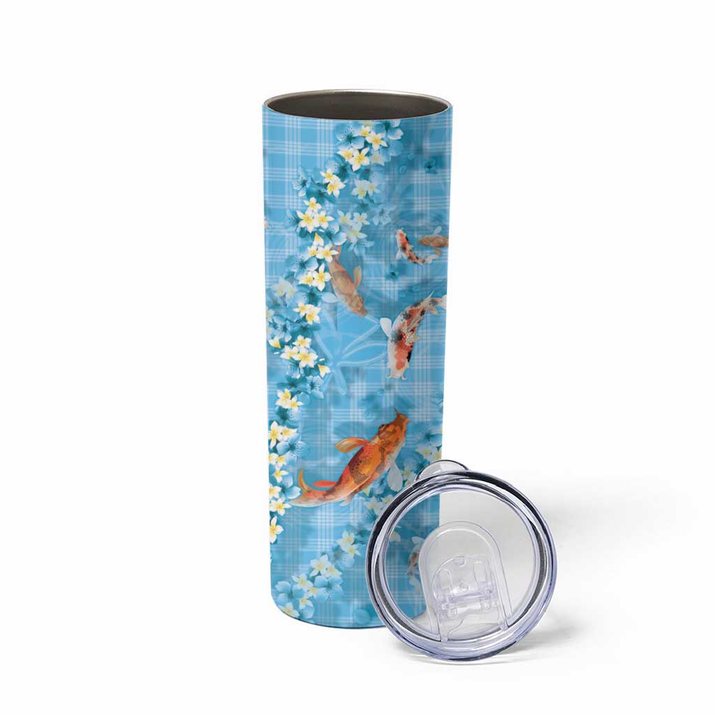 Blue Palaka Hawaiian And Japanese Skinny Tumbler Sakura Lei With Koi Fish DT05 - Polynesian Pride