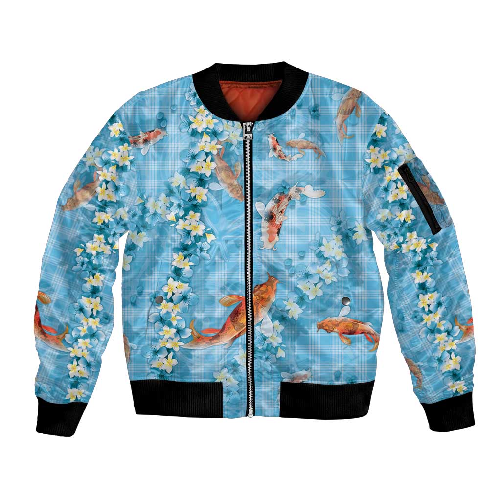 Blue Palaka Hawaiian And Japanese Sleeve Zip Bomber Jacket Sakura Lei With Koi Fish - Polynesian Pride