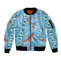 Blue Palaka Hawaiian And Japanese Sleeve Zip Bomber Jacket Sakura Lei With Koi Fish - Polynesian Pride