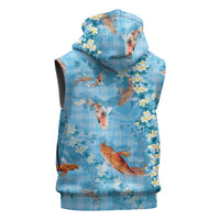 Blue Palaka Hawaiian And Japanese Sleeveless Hoodie Sakura Lei With Koi Fish - Polynesian Pride