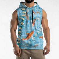 Blue Palaka Hawaiian And Japanese Sleeveless Hoodie Sakura Lei With Koi Fish - Polynesian Pride