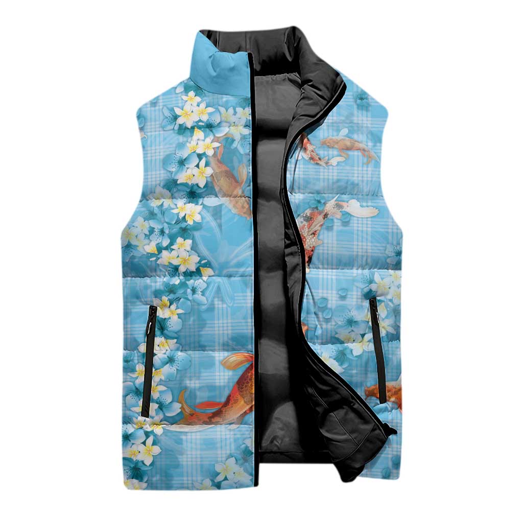 Blue Palaka Hawaiian And Japanese Sleeveless Puffer Jacket Sakura Lei With Koi Fish - Polynesian Pride