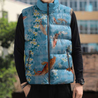 Blue Palaka Hawaiian And Japanese Sleeveless Puffer Jacket Sakura Lei With Koi Fish - Polynesian Pride