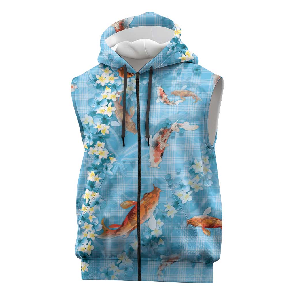 Blue Palaka Hawaiian And Japanese Sleeveless Zip Hoodie Sakura Lei With Koi Fish - Polynesian Pride