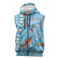 Blue Palaka Hawaiian And Japanese Sleeveless Zip Hoodie Sakura Lei With Koi Fish - Polynesian Pride