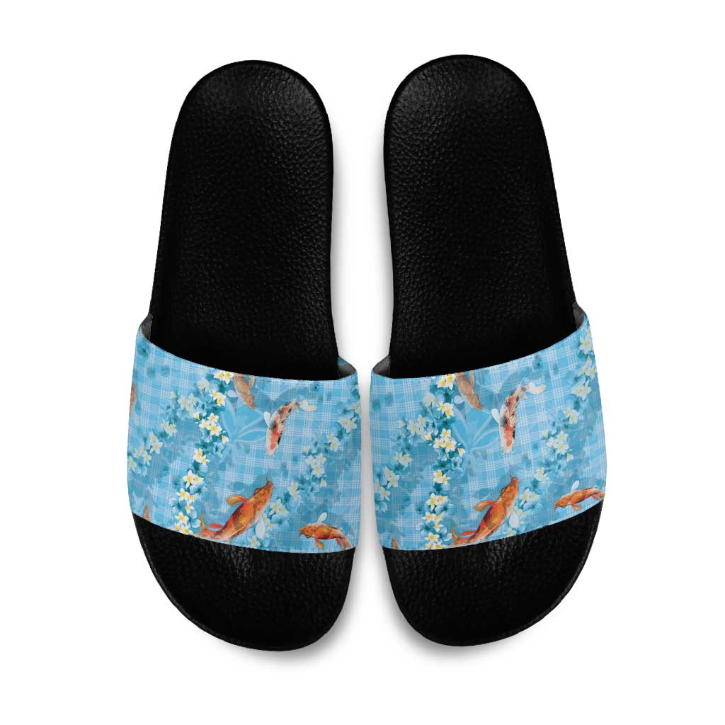 Blue Palaka Hawaiian And Japanese Slide Sandals Sakura Lei With Koi Fish - Polynesian Pride