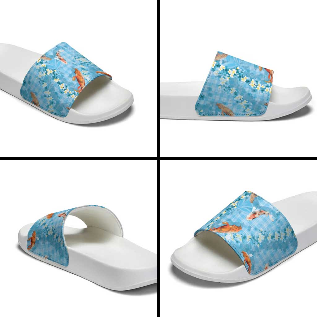 Blue Palaka Hawaiian And Japanese Slide Sandals Sakura Lei With Koi Fish - Polynesian Pride