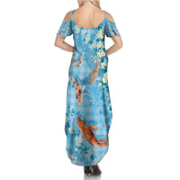 Blue Palaka Hawaiian And Japanese Summer Maxi Dress Sakura Lei With Koi Fish - Polynesian Pride
