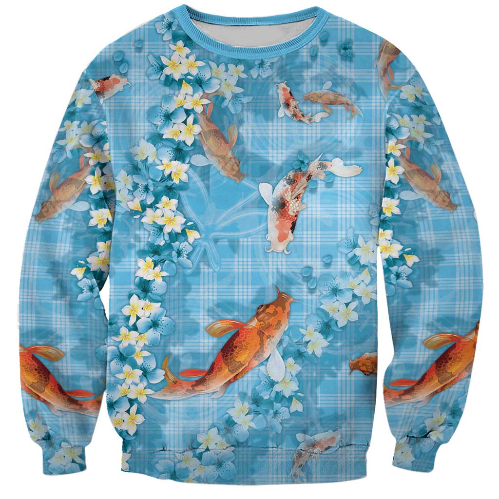 Blue Palaka Hawaiian And Japanese Sweatshirt Sakura Lei With Koi Fish - Polynesian Pride