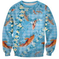 Blue Palaka Hawaiian And Japanese Sweatshirt Sakura Lei With Koi Fish - Polynesian Pride