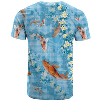 Blue Palaka Hawaiian And Japanese T Shirt Sakura Lei With Koi Fish - Polynesian Pride