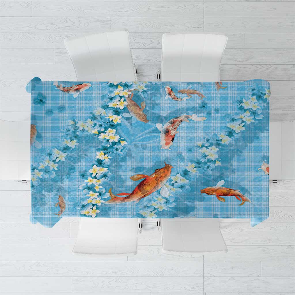 Blue Palaka Hawaiian And Japanese Tablecloth Sakura Lei With Koi Fish - Polynesian Pride