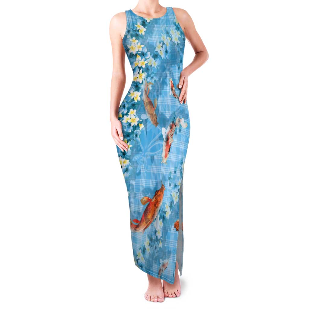 Blue Palaka Hawaiian And Japanese Tank Maxi Dress Sakura Lei With Koi Fish - Polynesian Pride