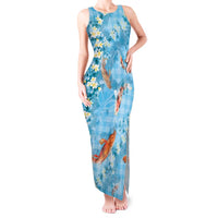Blue Palaka Hawaiian And Japanese Tank Maxi Dress Sakura Lei With Koi Fish - Polynesian Pride