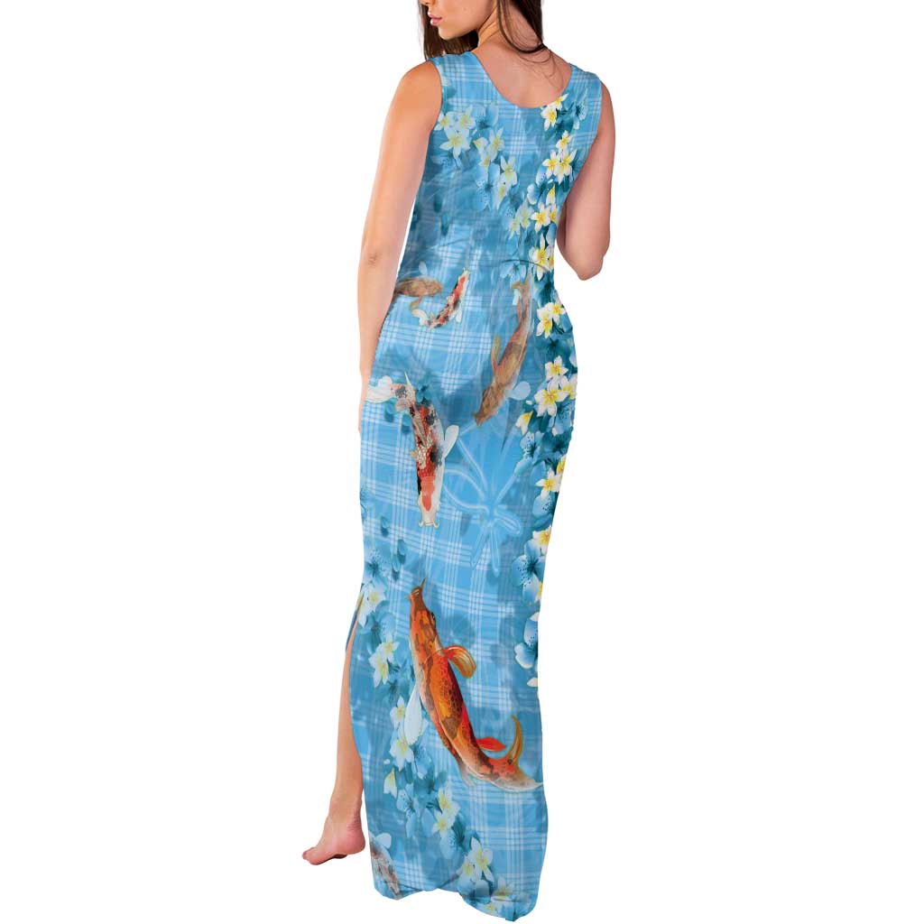 Blue Palaka Hawaiian And Japanese Tank Maxi Dress Sakura Lei With Koi Fish - Polynesian Pride