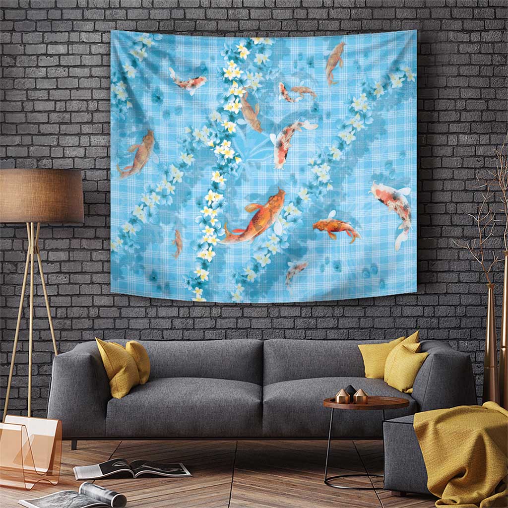 Blue Palaka Hawaiian And Japanese Tapestry Sakura Lei With Koi Fish - Polynesian Pride