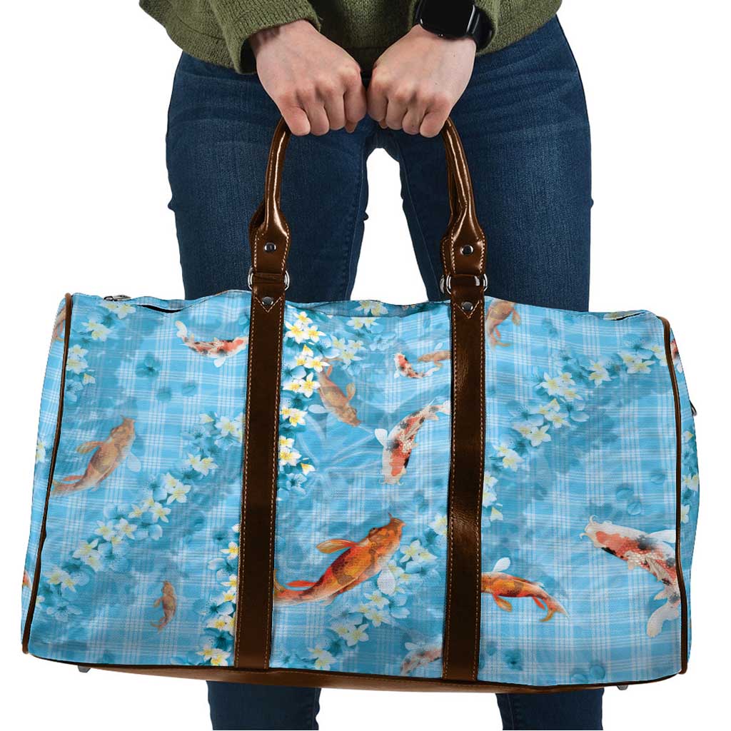 Blue Palaka Hawaiian And Japanese Travel Bag Sakura Lei With Koi Fish DT05 Blue - Polynesian Pride