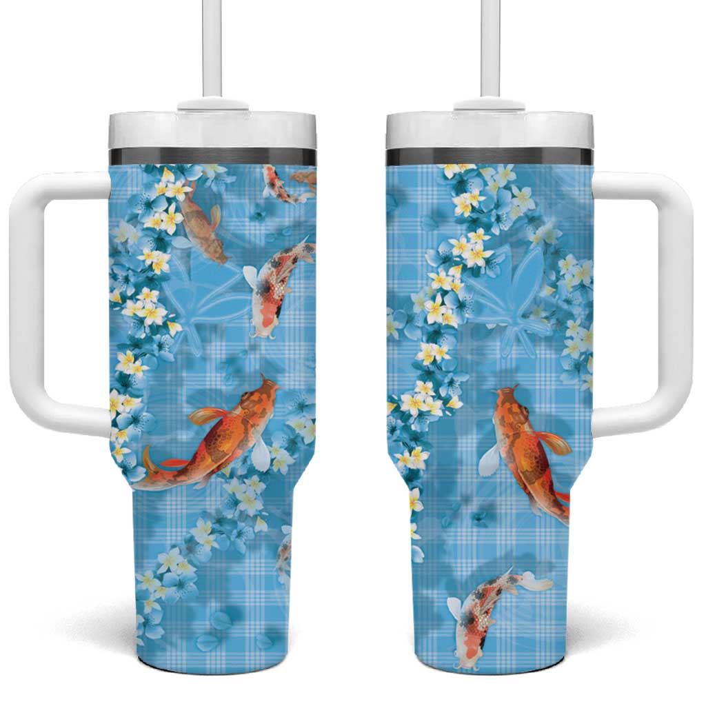 Blue Palaka Hawaiian And Japanese Tumbler With Handle Sakura Lei With Koi Fish DT05 One Size: 40 oz Blue - Polynesian Pride