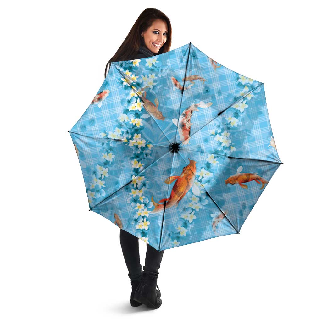 Blue Palaka Hawaiian And Japanese Umbrella Sakura Lei With Koi Fish - Polynesian Pride