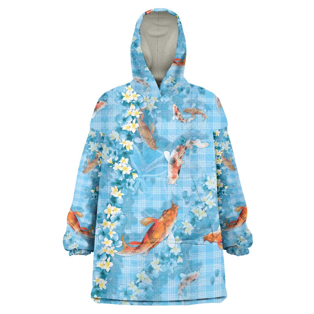 Blue Palaka Hawaiian And Japanese Wearable Blanket Hoodie Sakura Lei With Koi Fish - Polynesian Pride