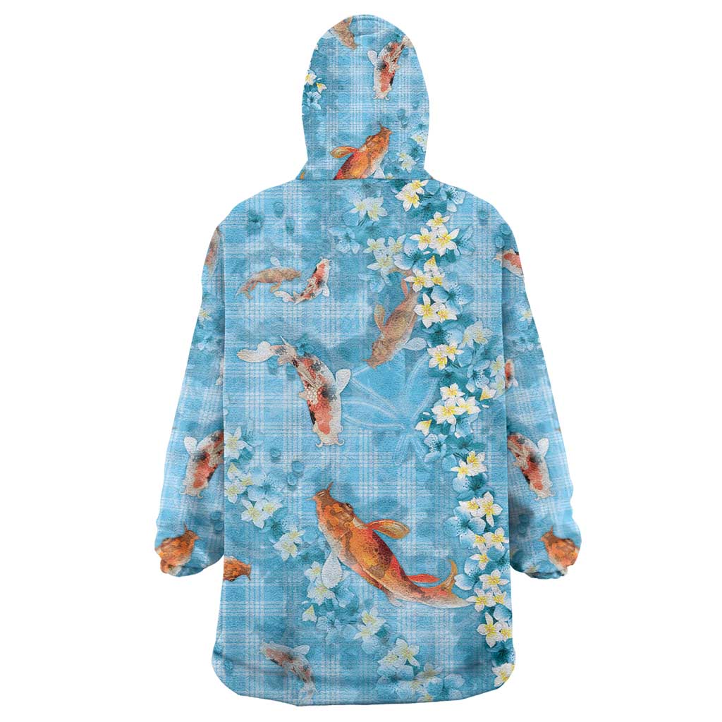 Blue Palaka Hawaiian And Japanese Wearable Blanket Hoodie Sakura Lei With Koi Fish - Polynesian Pride