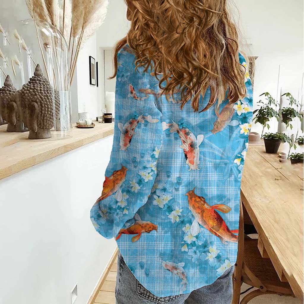 Blue Palaka Hawaiian And Japanese Women Casual Shirt Sakura Lei With Koi Fish - Polynesian Pride