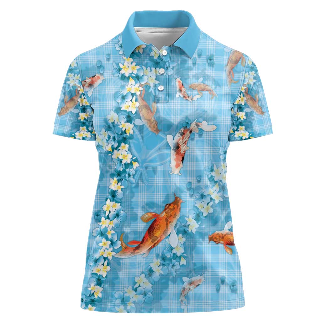 Blue Palaka Hawaiian And Japanese Women Polo Shirt Sakura Lei With Koi Fish - Polynesian Pride