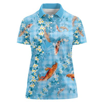 Blue Palaka Hawaiian And Japanese Women Polo Shirt Sakura Lei With Koi Fish - Polynesian Pride
