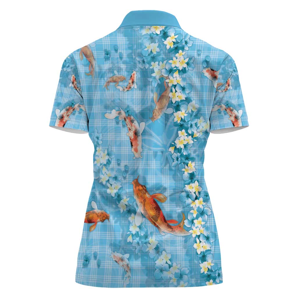 Blue Palaka Hawaiian And Japanese Women Polo Shirt Sakura Lei With Koi Fish - Polynesian Pride