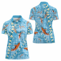 Blue Palaka Hawaiian And Japanese Women Polo Shirt Sakura Lei With Koi Fish - Polynesian Pride