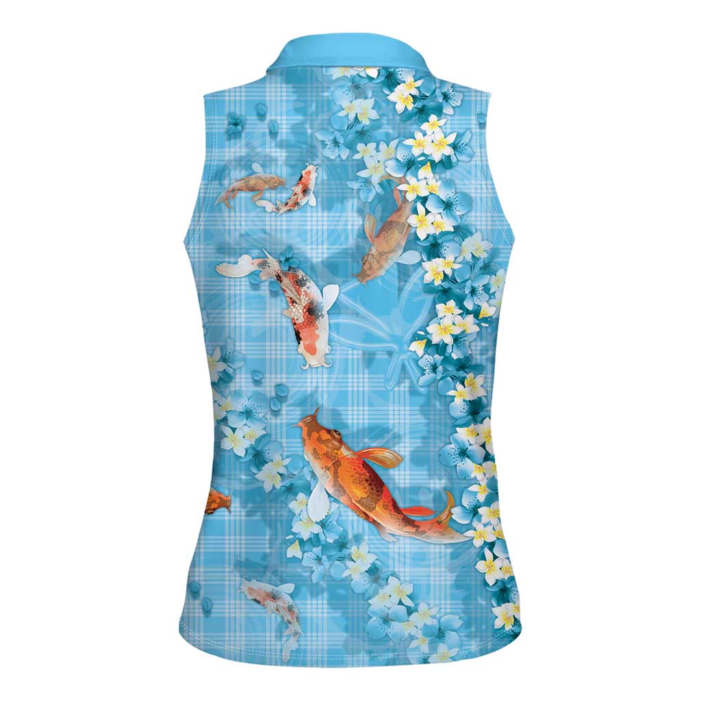 Blue Palaka Hawaiian And Japanese Women Sleeveless Polo Shirt Sakura Lei With Koi Fish - Polynesian Pride