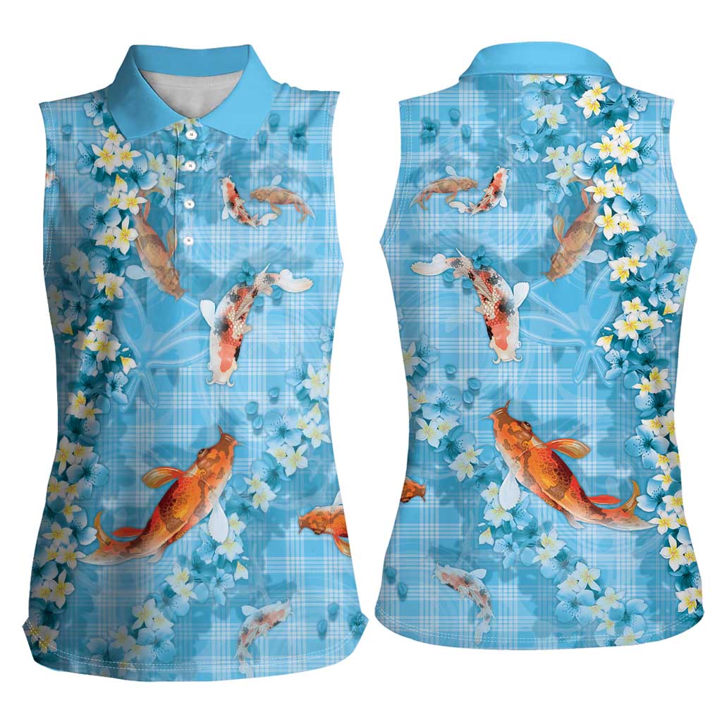 Blue Palaka Hawaiian And Japanese Women Sleeveless Polo Shirt Sakura Lei With Koi Fish - Polynesian Pride