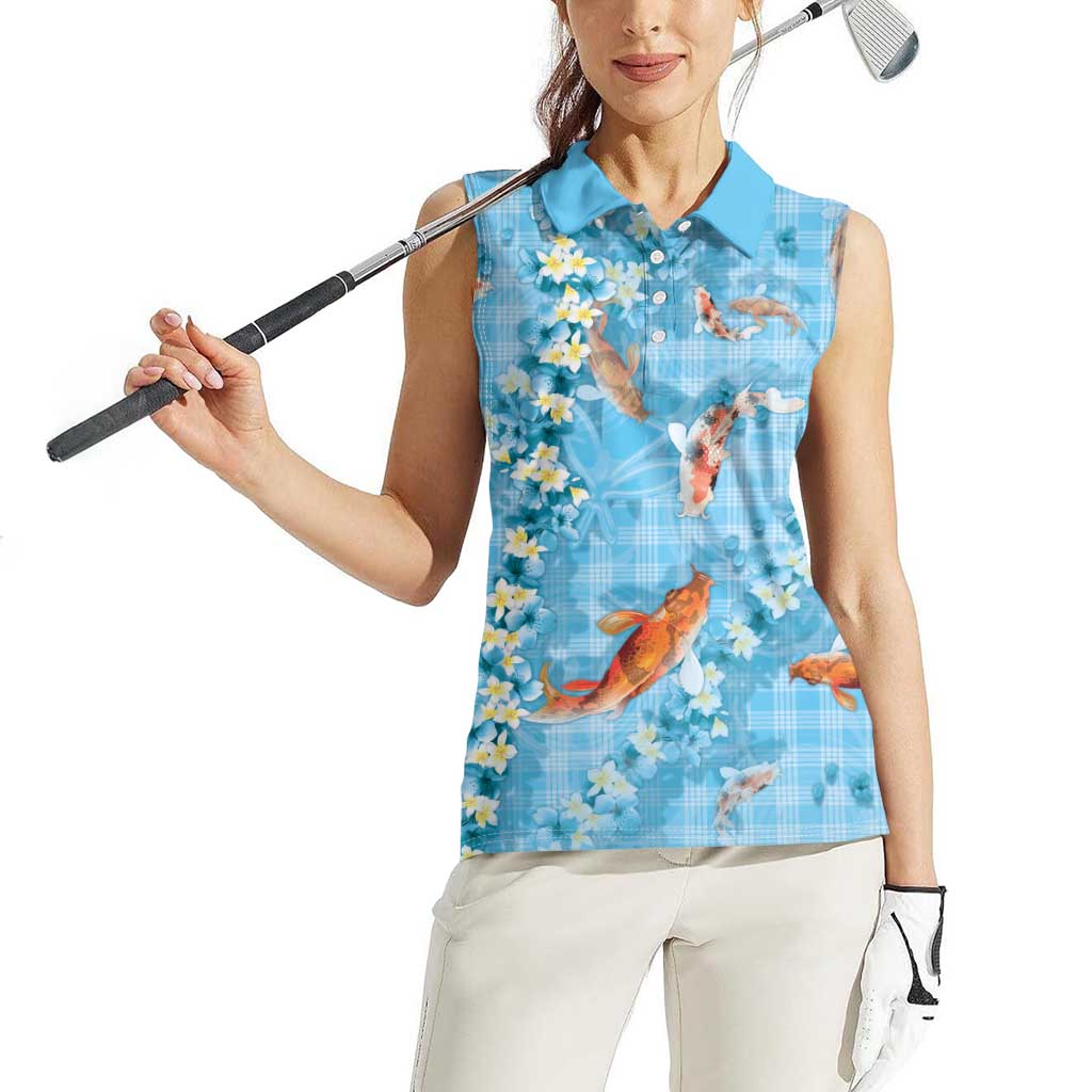 Blue Palaka Hawaiian And Japanese Women Sleeveless Polo Shirt Sakura Lei With Koi Fish - Polynesian Pride