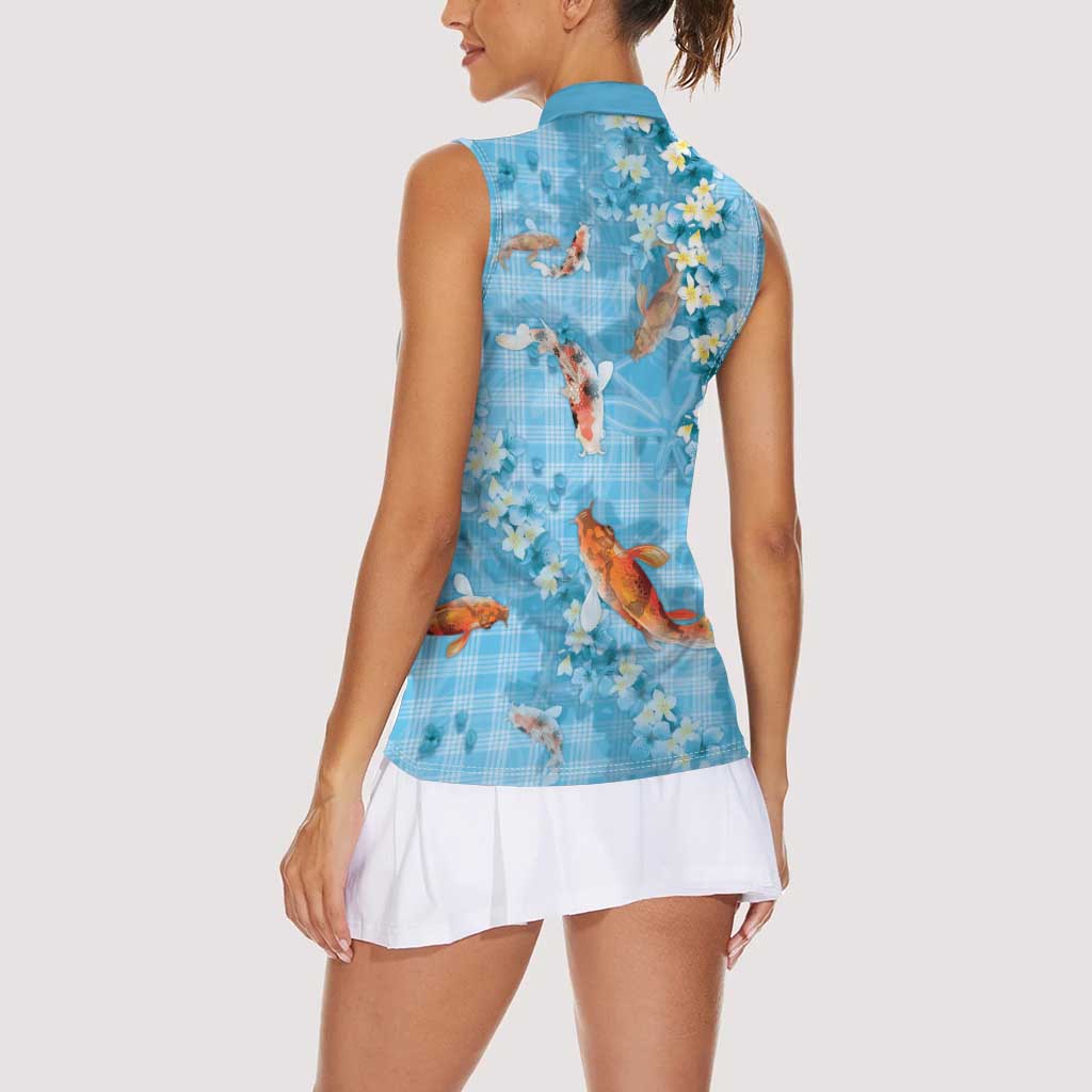 Blue Palaka Hawaiian And Japanese Women Sleeveless Polo Shirt Sakura Lei With Koi Fish - Polynesian Pride