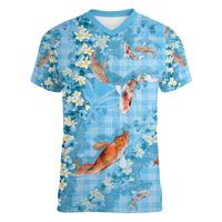 Blue Palaka Hawaiian And Japanese Women V-Neck T-Shirt Sakura Lei With Koi Fish - Polynesian Pride
