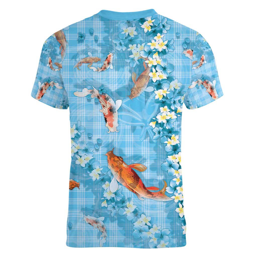 Blue Palaka Hawaiian And Japanese Women V-Neck T-Shirt Sakura Lei With Koi Fish - Polynesian Pride