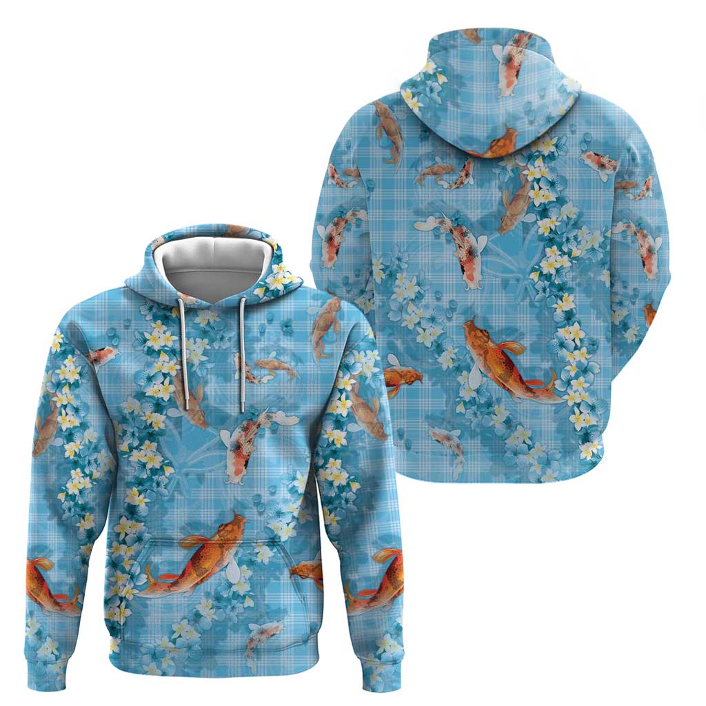 Blue Palaka Hawaiian And Japanese Zip Hoodie Sakura Lei With Koi Fish - Polynesian Pride