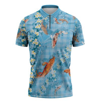 Blue Palaka Hawaiian And Japanese Zipper Polo Shirt Sakura Lei With Koi Fish - Polynesian Pride