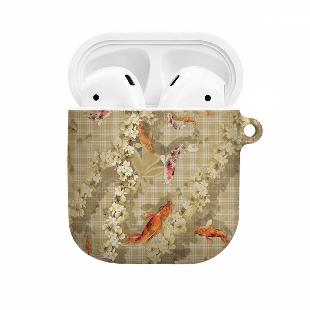 Beige Palaka Hawaiian And Japanese AirPods Case Sakura Lei With Koi Fish DT05 Beige - Polynesian Pride