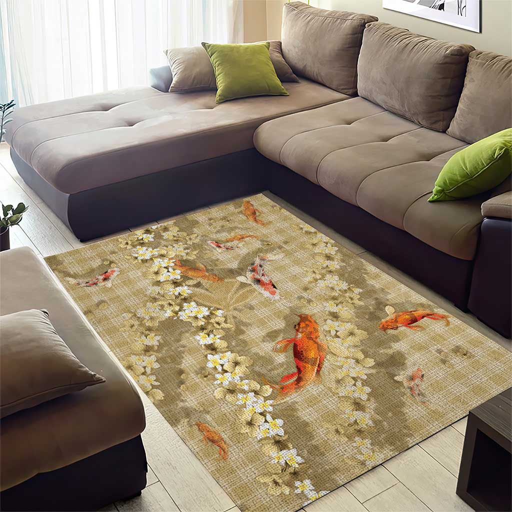 Beige Palaka Hawaiian And Japanese Area Rug Sakura Lei With Koi Fish - Polynesian Pride