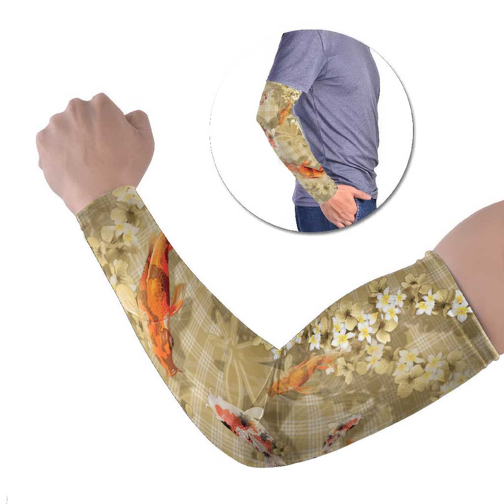 Beige Palaka Hawaiian And Japanese Arm Sleeves Sakura Lei With Koi Fish - Polynesian Pride
