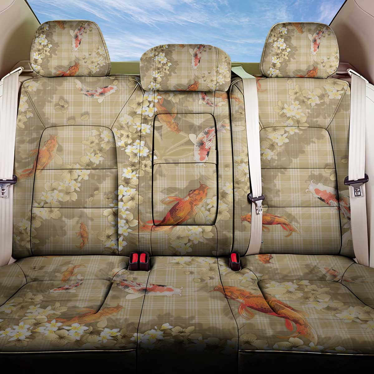 Beige Palaka Hawaiian And Japanese Back Car Seat Cover Sakura Lei With Koi Fish - Polynesian Pride